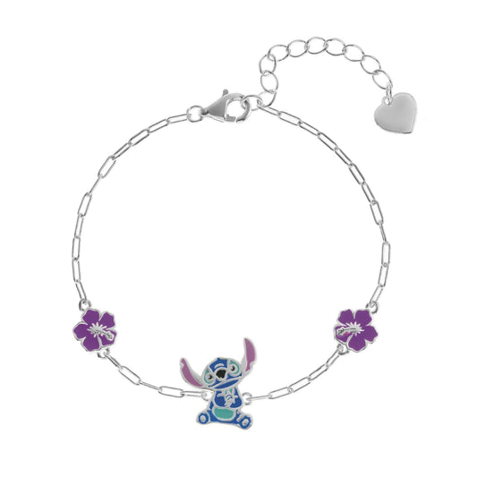 Bracciale a catena Disney Stitch bambina argento con Stitch e due fiori BS00095SL-65-CS-1