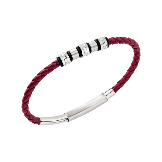 Bracciale uomo Breil Wanderlust in pelle intracciata color borgogna e cinque elementi centrali in acciaio Regolabile 20,5-22,5 cm
