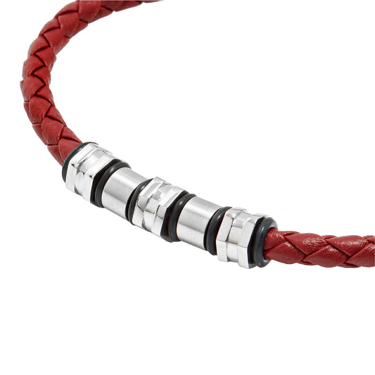 Bracciale uomo Breil Wanderlust in pelle intracciata color borgogna e cinque elementi centrali in acciaio Regolabile 20,5-22,5 cm