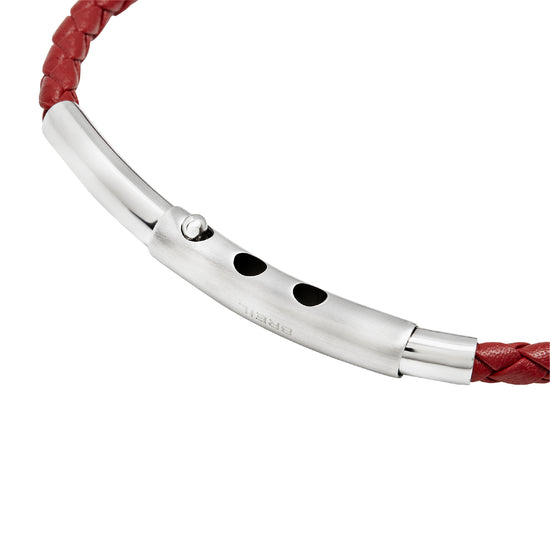 Bracciale uomo Breil Wanderlust in pelle intracciata color borgogna e cinque elementi centrali in acciaio Regolabile 20,5-22,5 cm