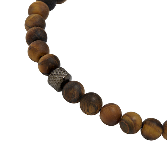 Bracciale uomo Breil Wild con sfere in occhio di tigre opaca e centrale in acciaio Regolabile 17-22 cm