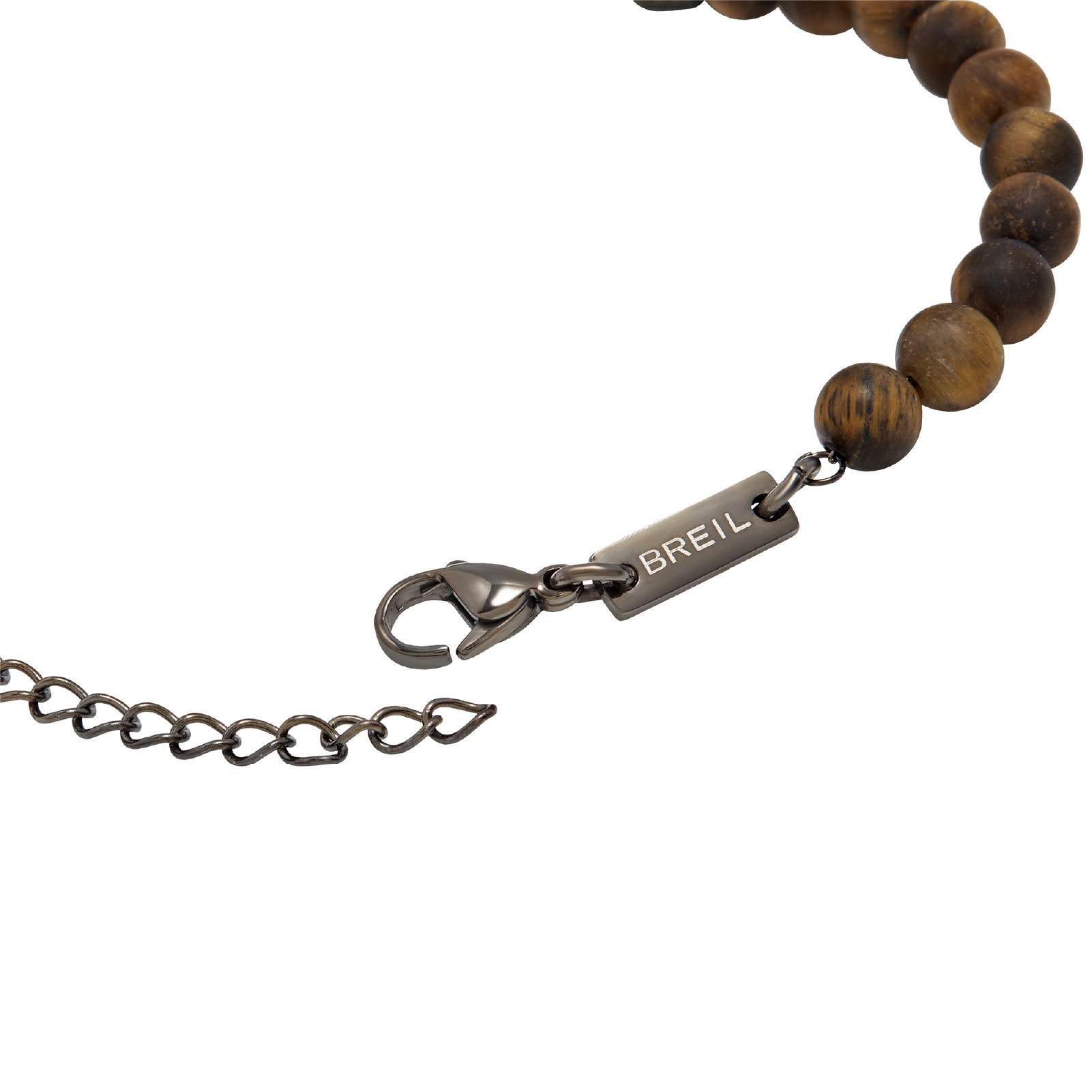 Bracciale uomo Breil Wild con sfere in occhio di tigre opaca e centrale in acciaio Regolabile 17-22 cm