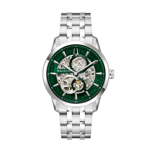 Orologio Bulova Sutton Skeleton uomo acciaio quadrante verde MISURA UNICA