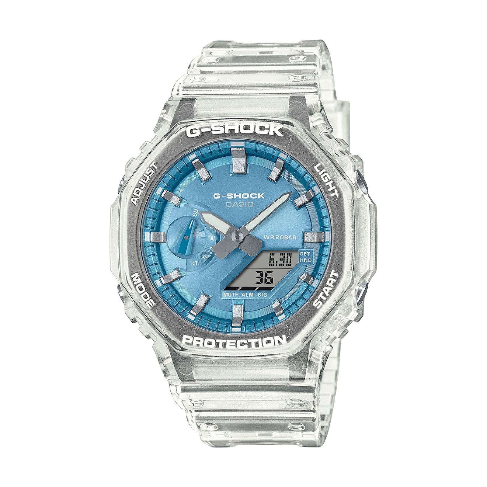 Orologio Casio in resina e fibra di carbonio trasparente con quadrante azzurro MISURA UNICA
