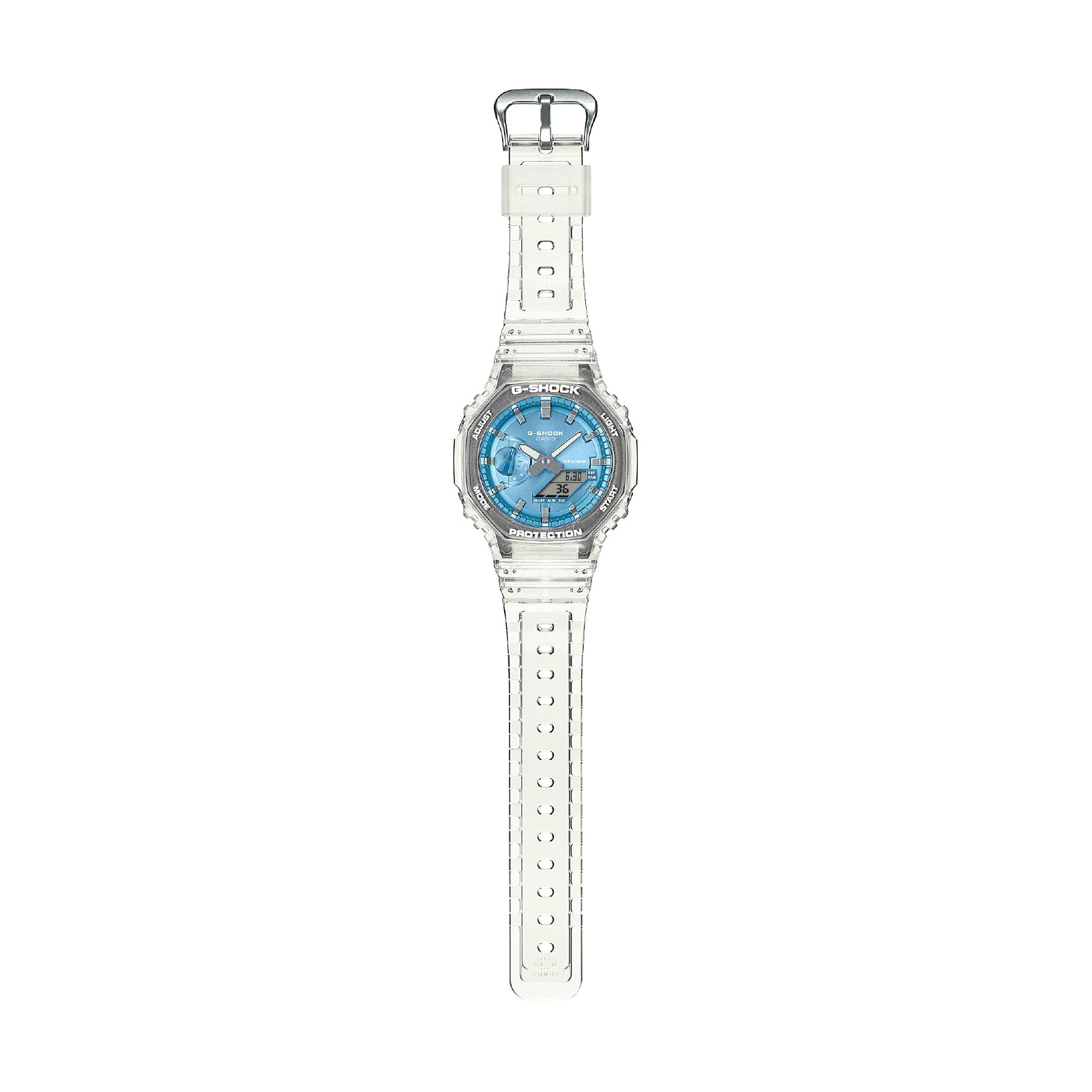 Orologio Casio in resina e fibra di carbonio trasparente con quadrante azzurro MISURA UNICA