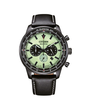 Orologio cronografo da uomo Citizen Outdoor con cassa 44 mm acciaio nero e cinturino in pelle con quadrante verde CA4505-21X