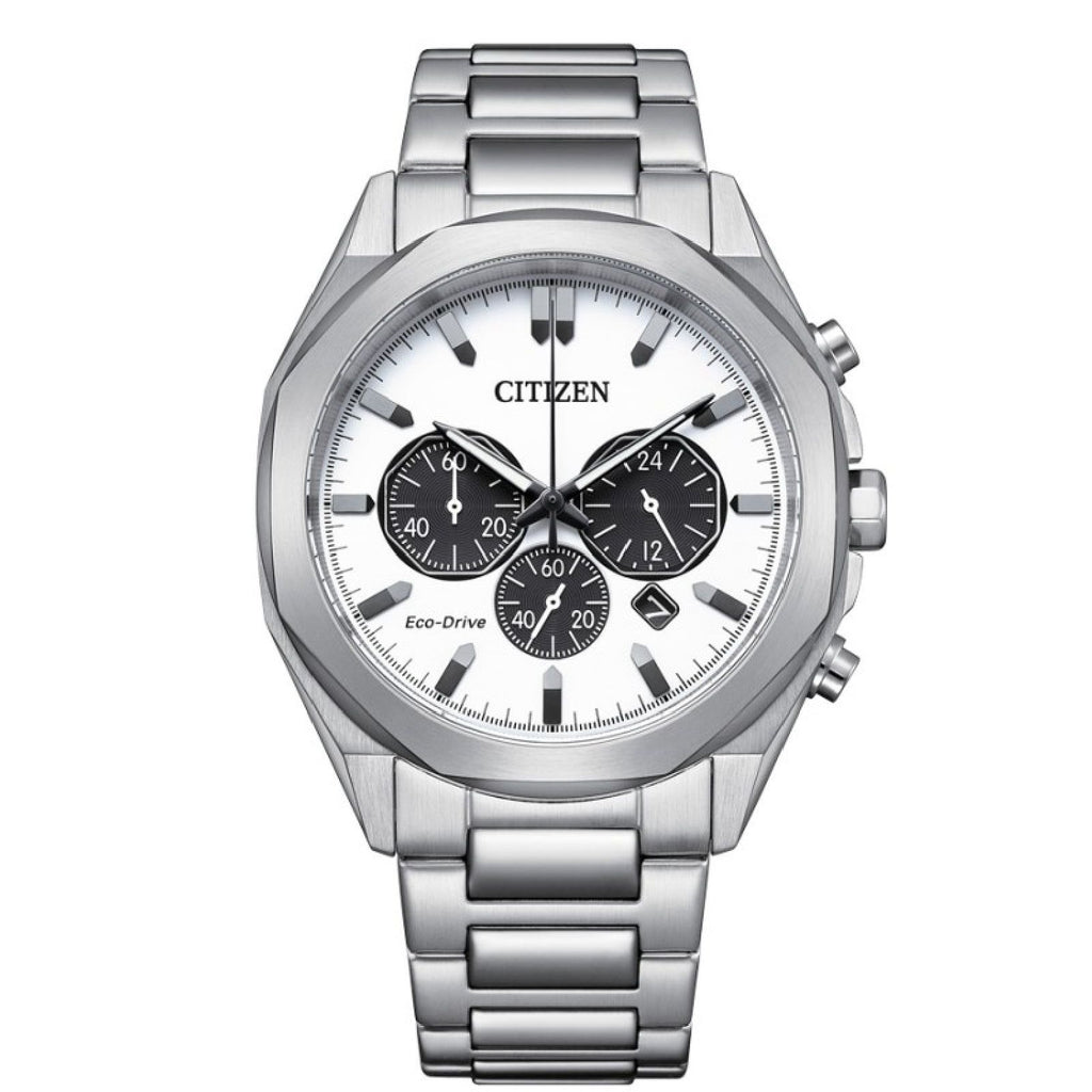 Orologio cronografo da uomo Citizen Modern Classic con cassa 41 mm e bracciale in acciaio con quadrante bianco CA4590-81A