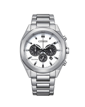 Orologio cronografo da uomo Citizen Modern Classic con cassa 41 mm e bracciale in acciaio con quadrante bianco CA4590-81A