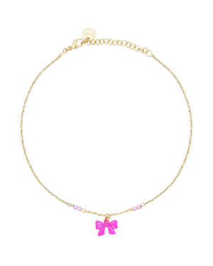 Cavigliera catena da donna Rue Des Mille Candy Bow in argento 925 dorato con ciondolo a forma di fiocco fucsia e cristalli rosa CAV-022.M1.V.AU