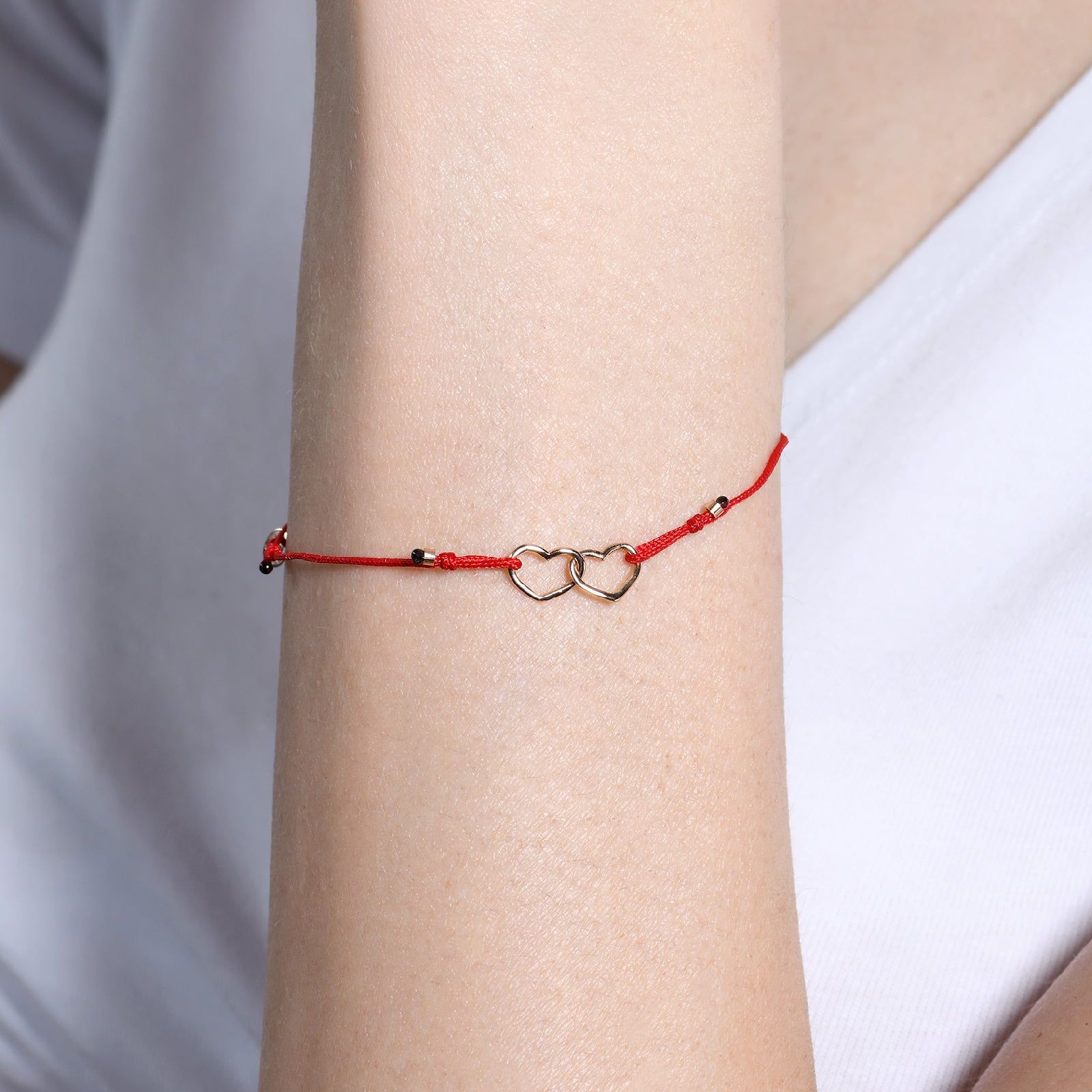 Bracciale Burato Con Amore donna cotone rosso, oro rosa e cuori CC789-2