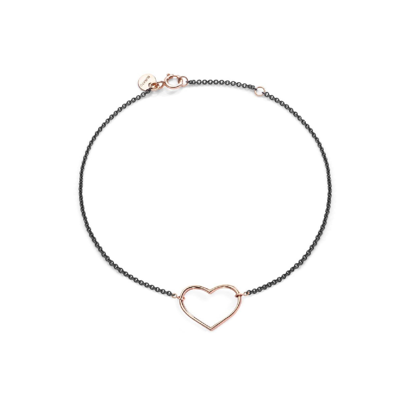 Bracciale donna Burato Con Amore catena argento nero cuore 14x10mm oro rosa CI698-1