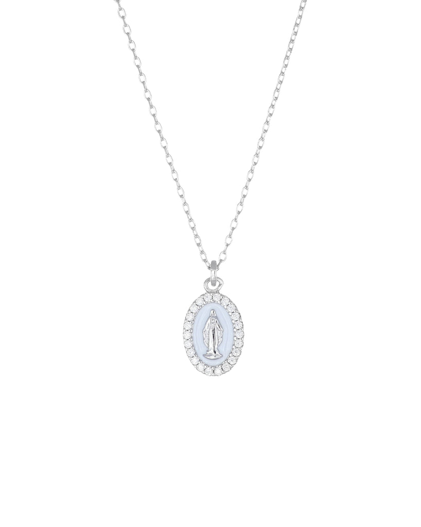 Collana da donna Amen Sacro in argento 925 con una Madonna Miracolosa su smalto bianco e zirconi CLMISMBB