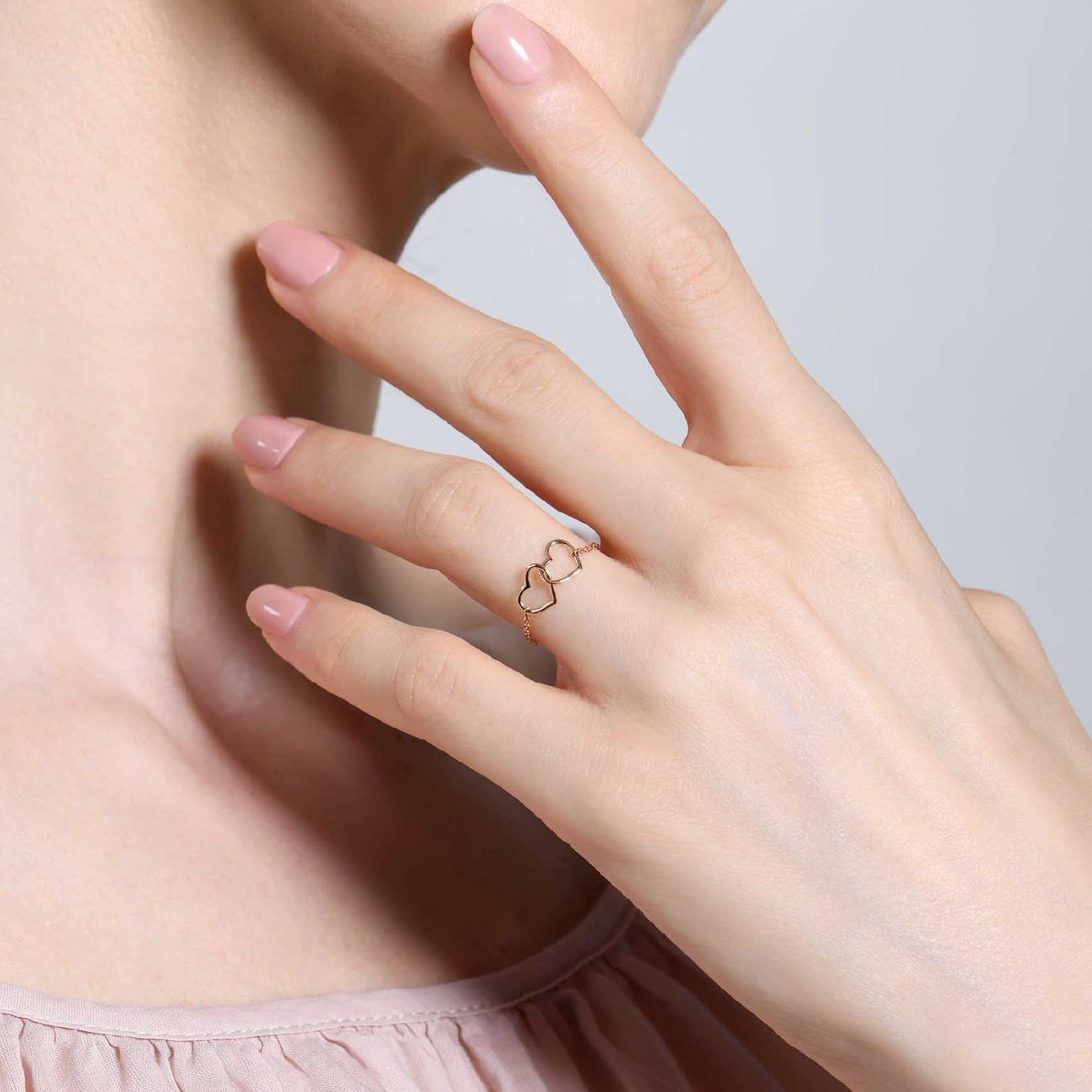 Anello Burato Con Amore donna oro rosa con catenina e cuori intrecciati CN284-2