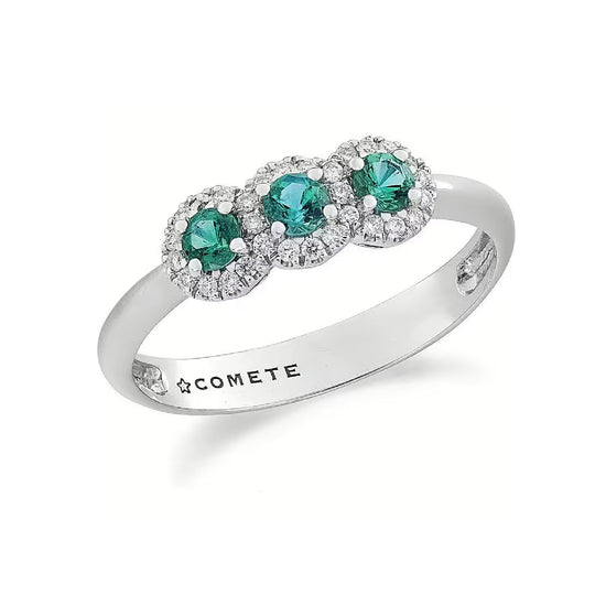 Anello Comete in oro bianco 18kt diamanti 0,12ct e smeraldi SU MISURA
