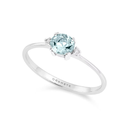 Anello solitario Comete in oro bianco diamanti e acquamarina SU MISURA