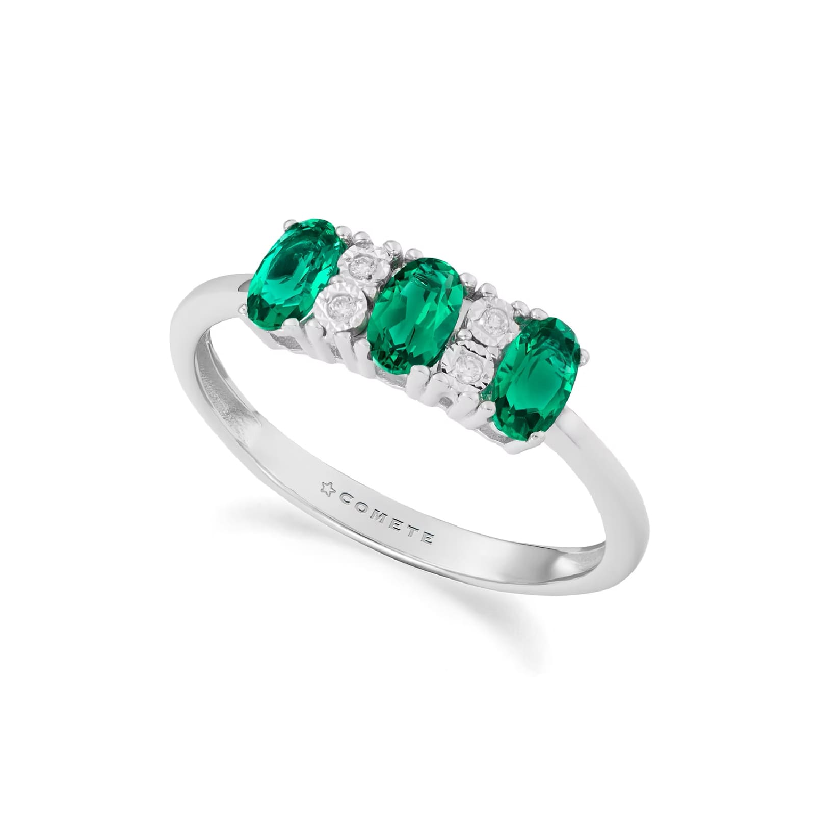 Anello trilogy Comete con diamanti bianchi e smeraldi 0,54ct SU MISURA
