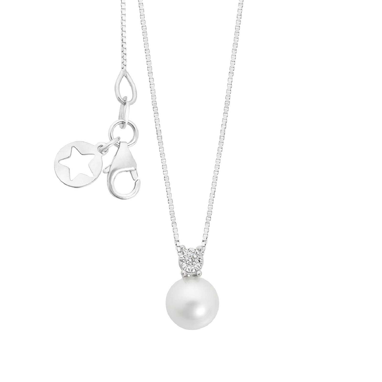 Collana Comete oro bianco diamante 0,015 ct e perla coltivata MISURA UNICA