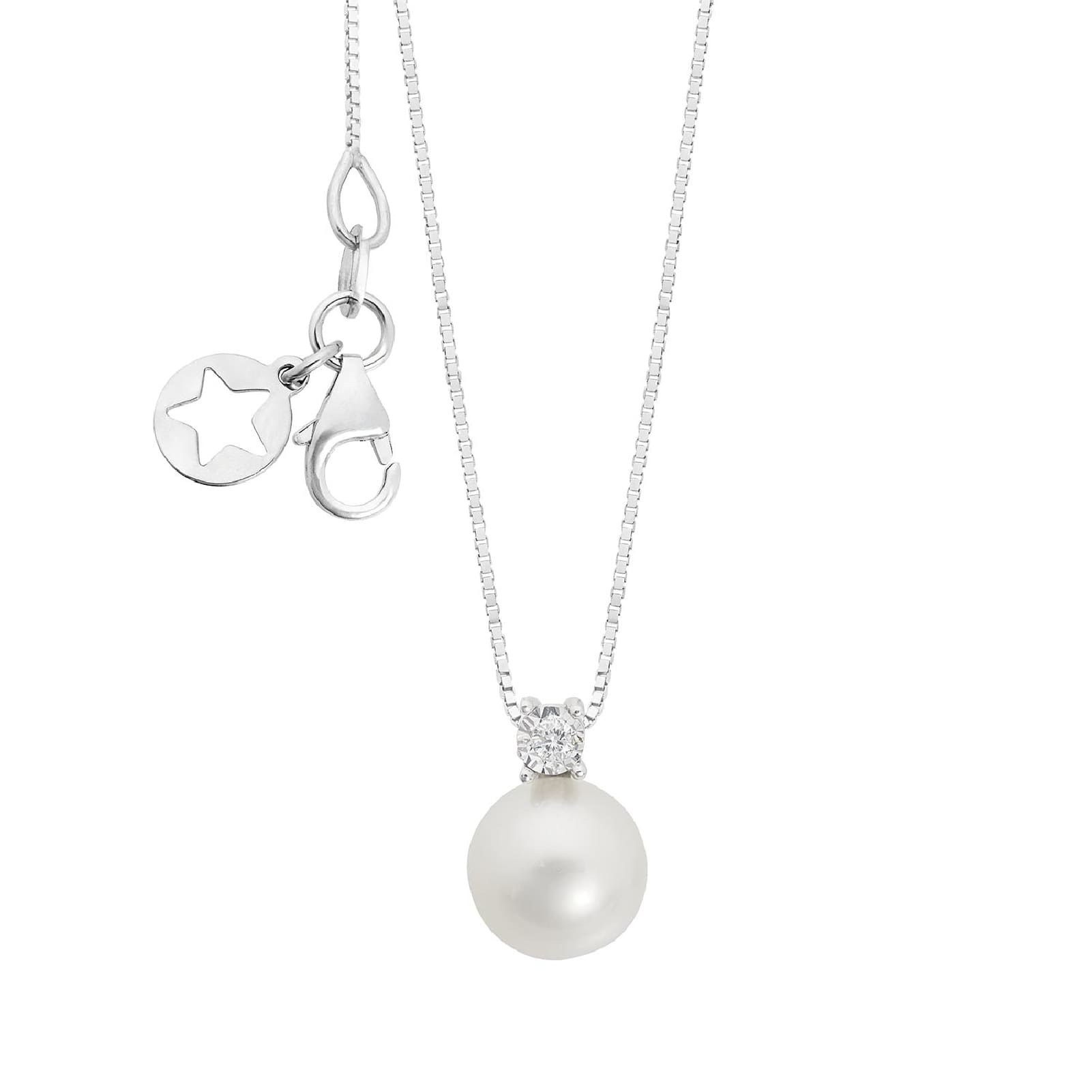 Collana Comete oro bianco diamante 0,02 ct e perla coltivata MISURA UNICA