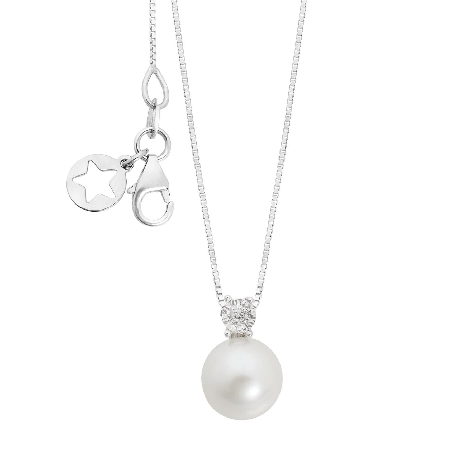 Collana Comete oro bianco diamante 0,02 ct e perla 7,5/8 mm MISURA UNICA