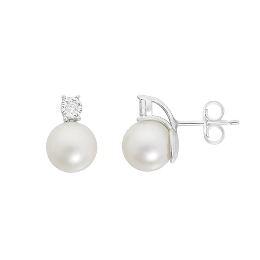 Orecchini Comete oro bianco diamante 0,045ct e perla 7,5/8 mm MISURA UNICA