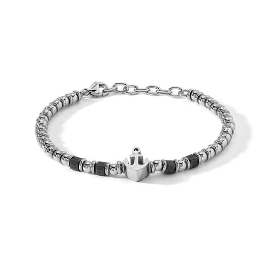 Bracciale da uomo Comete in acciaio con ematite e ancora Regolabile 18-21 cm