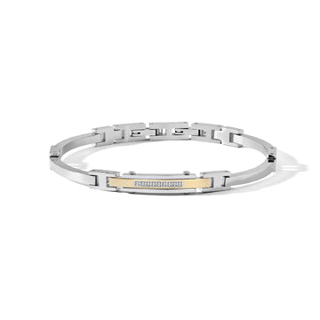 Bracciale COMETE Uomo acciaio con placchetta oro e diamanti Regolabile 19,5-21 cm