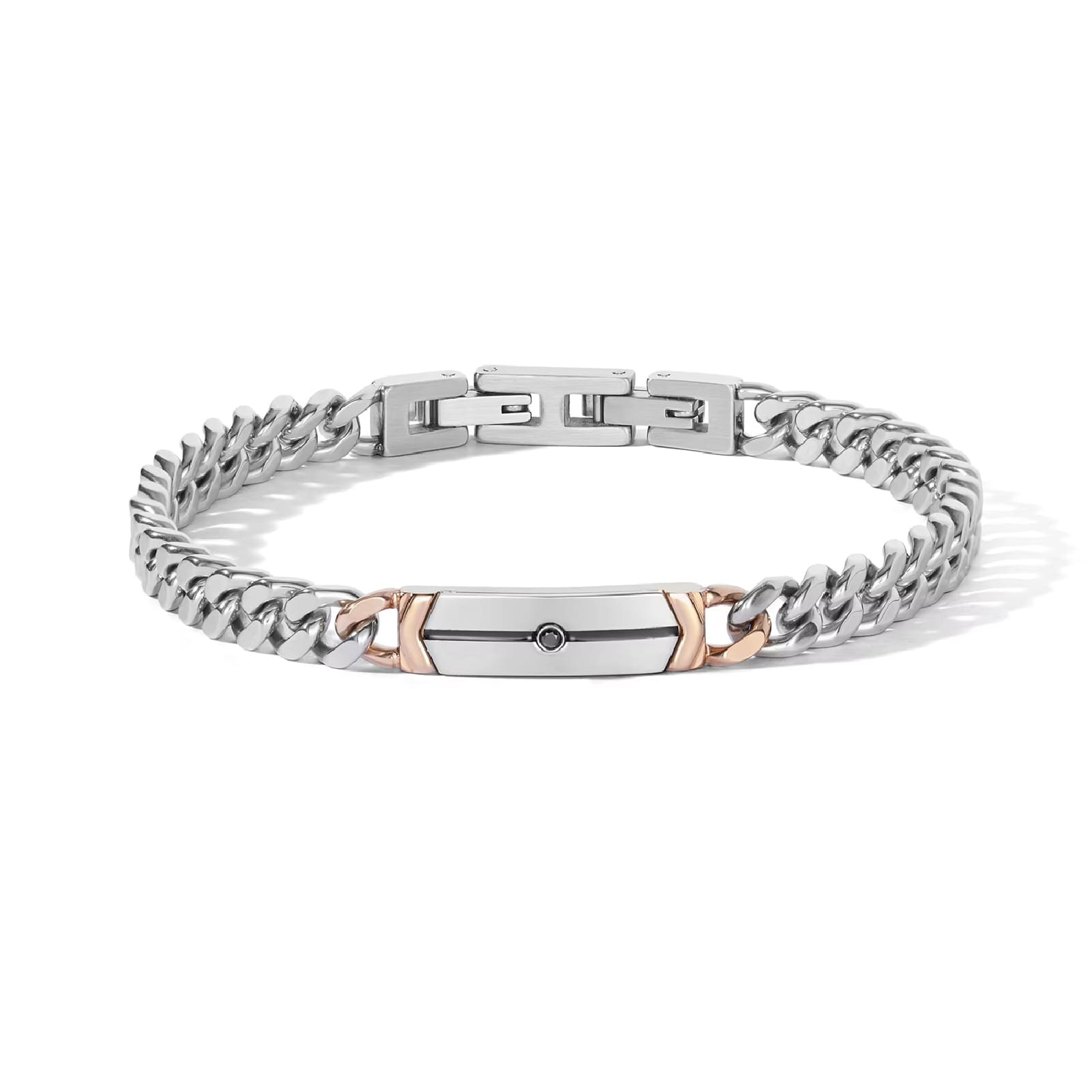 Bracciale Comete in acciaio pvd oro rosa e diamante nero uomo 20 cm