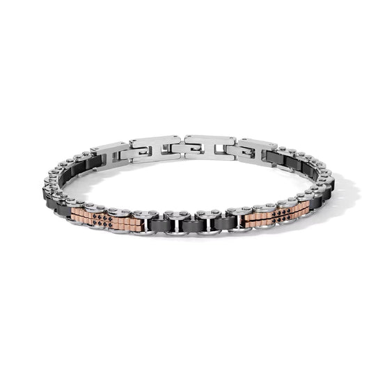 Bracciale Comete pvd oro rosa ceramica nera con zirconi uomo 21,6 cm