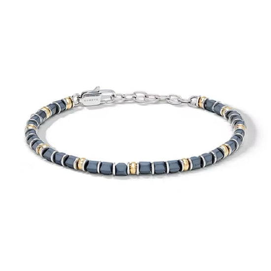 Bracciale Comete in acciaio con ematite grigia e PVD giallo 21 cm