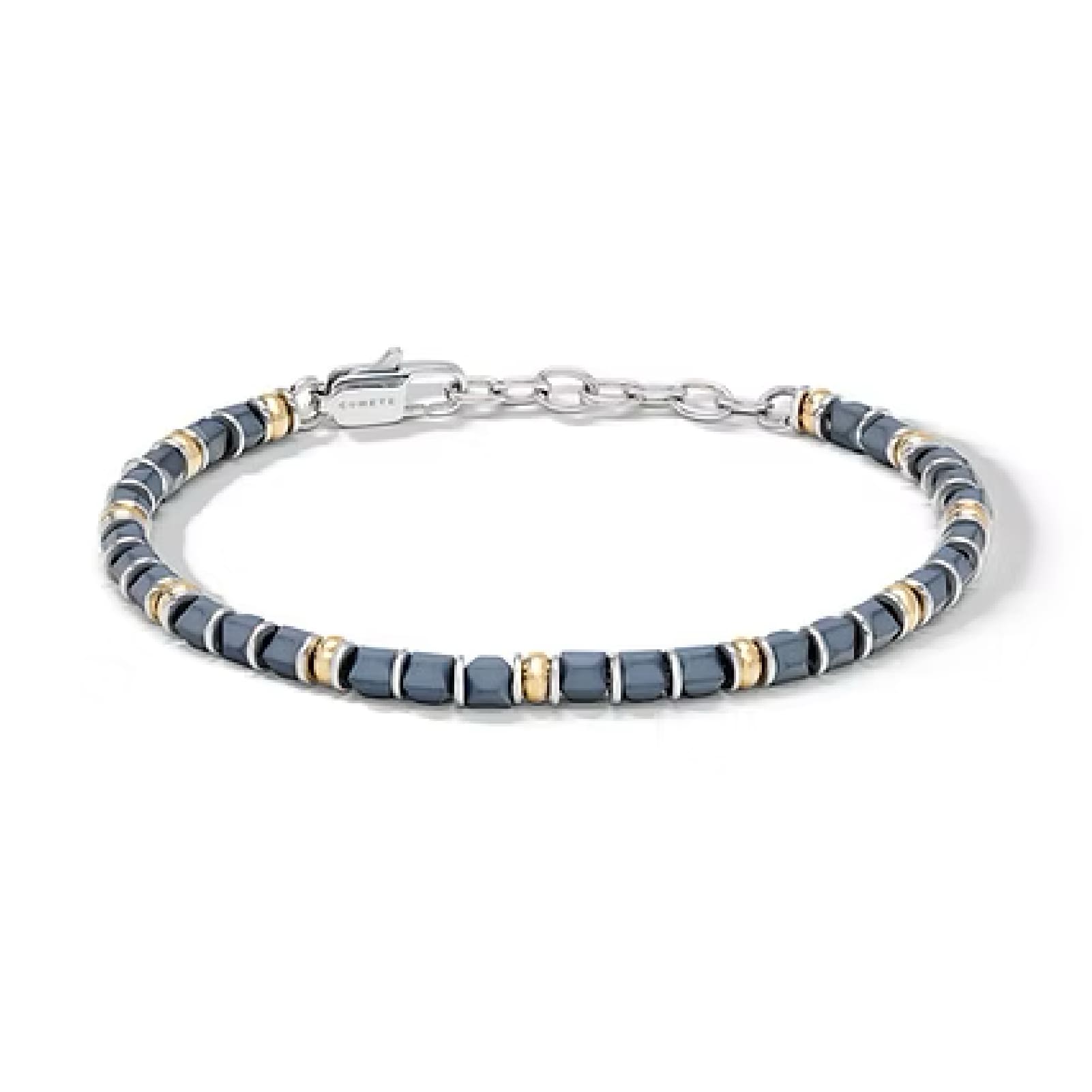 Bracciale Comete in acciaio con ematite grigia e PVD giallo 21 cm