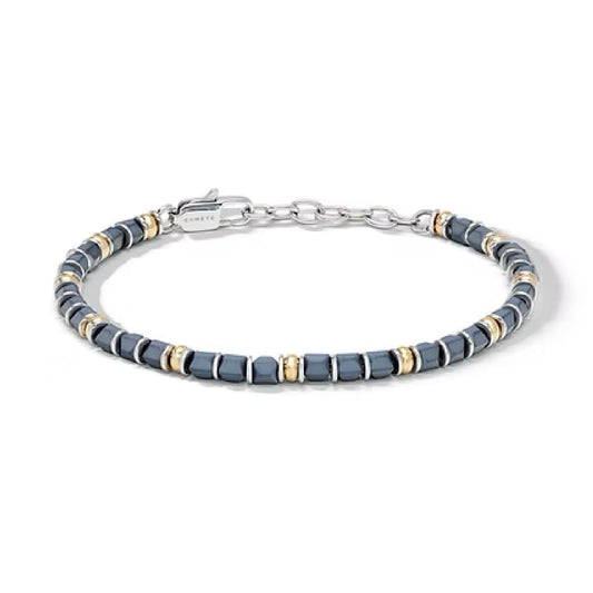 Bracciale Comete in acciaio con ematite grigia e PVD giallo 21 cm