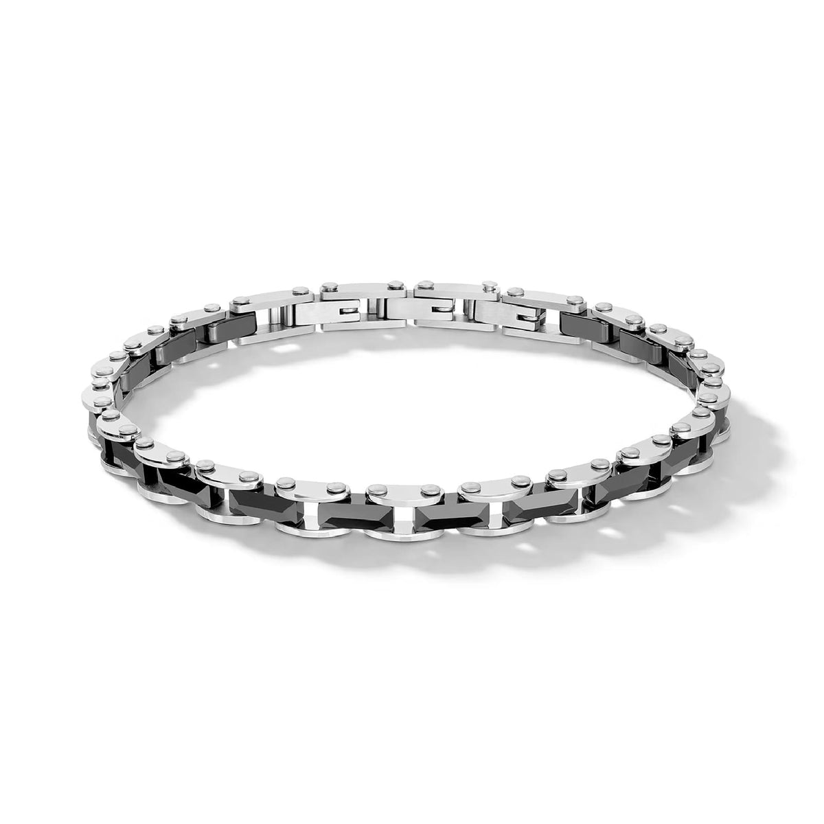 Bracciale catena Comete in acciaio e ceramica nera sfaccettata 21 cm