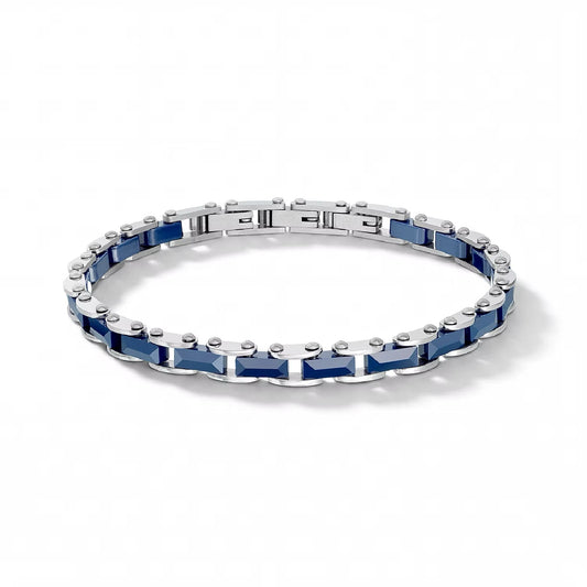 Bracciale catena Comete in acciaio e ceramica blu sfaccettata 21 cm