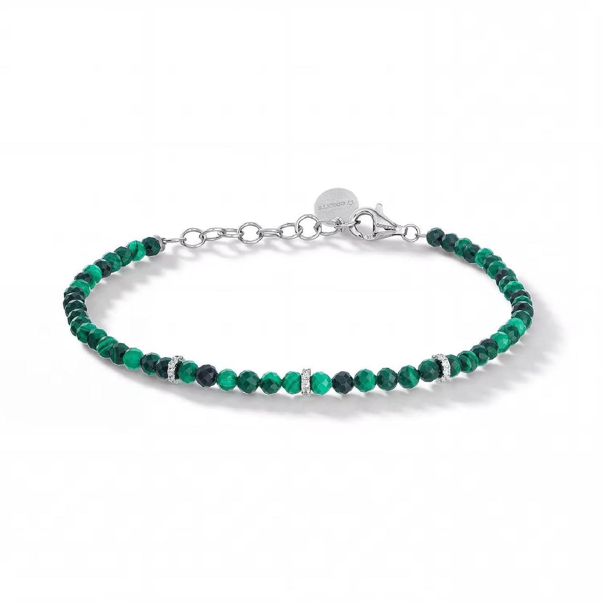 Bracciale catena Comete in argento malachite verde e zirconi 21 cm