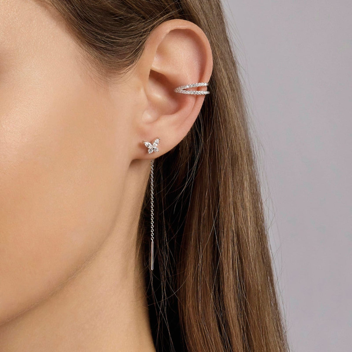 Orecchino earcuff Mabina in lega e zirconi doppio filo MISURA UNICA
