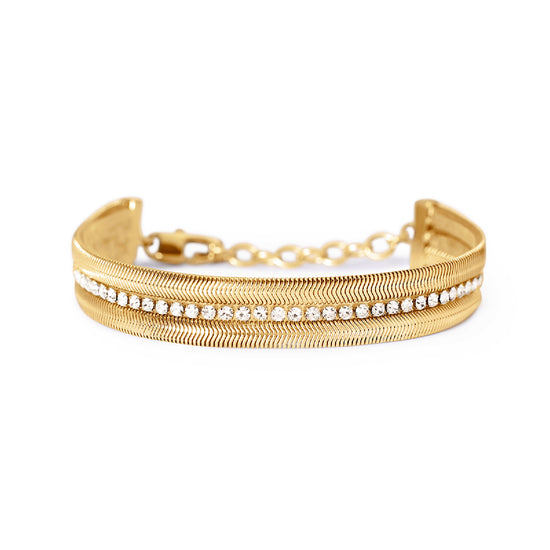 Bracciale doppia catena Kidult Style in acciaio oro e cristalli Regolabile 16,5-18,5 cm