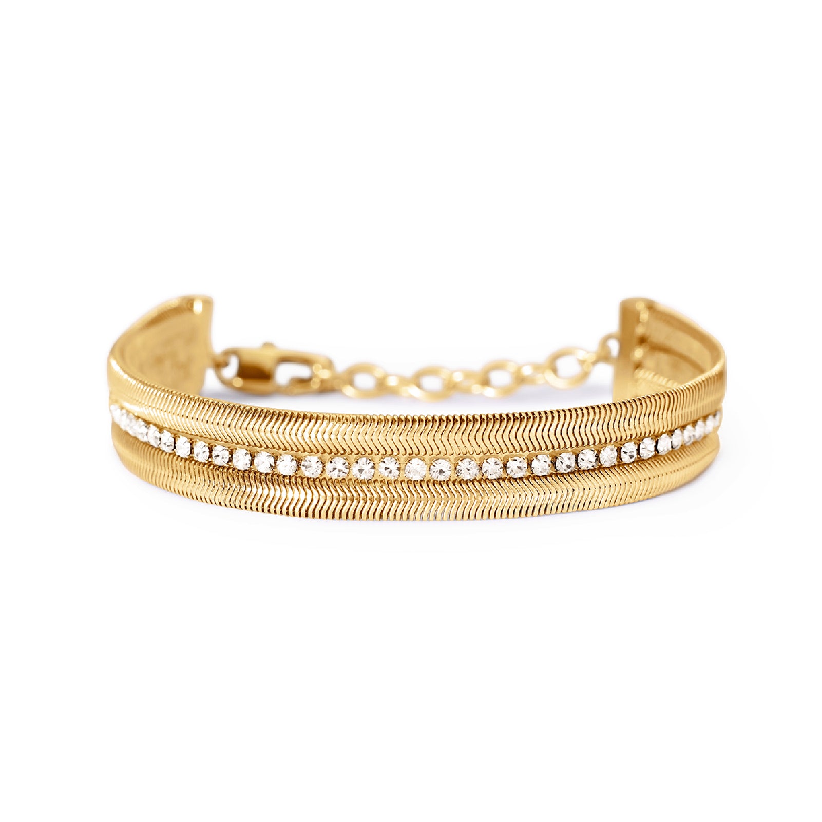 Bracciale doppia catena Kidult Style in acciaio oro e cristalli Regolabile 16,5-18,5 cm
