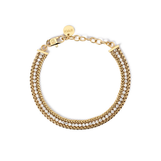 Bracciale due catene Kidult Style in acciaio oro e cristalli Regolabile 15,5-18,5 cm