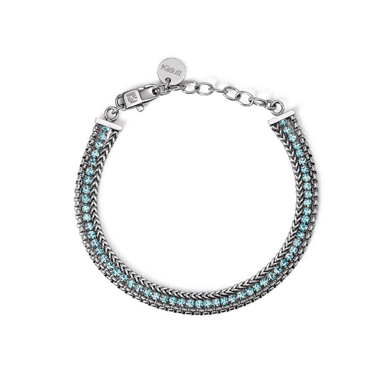 Bracciale due catene Kidult Style in acciaio e cristalli azzurri Regolabile 15,5-18,5 cm