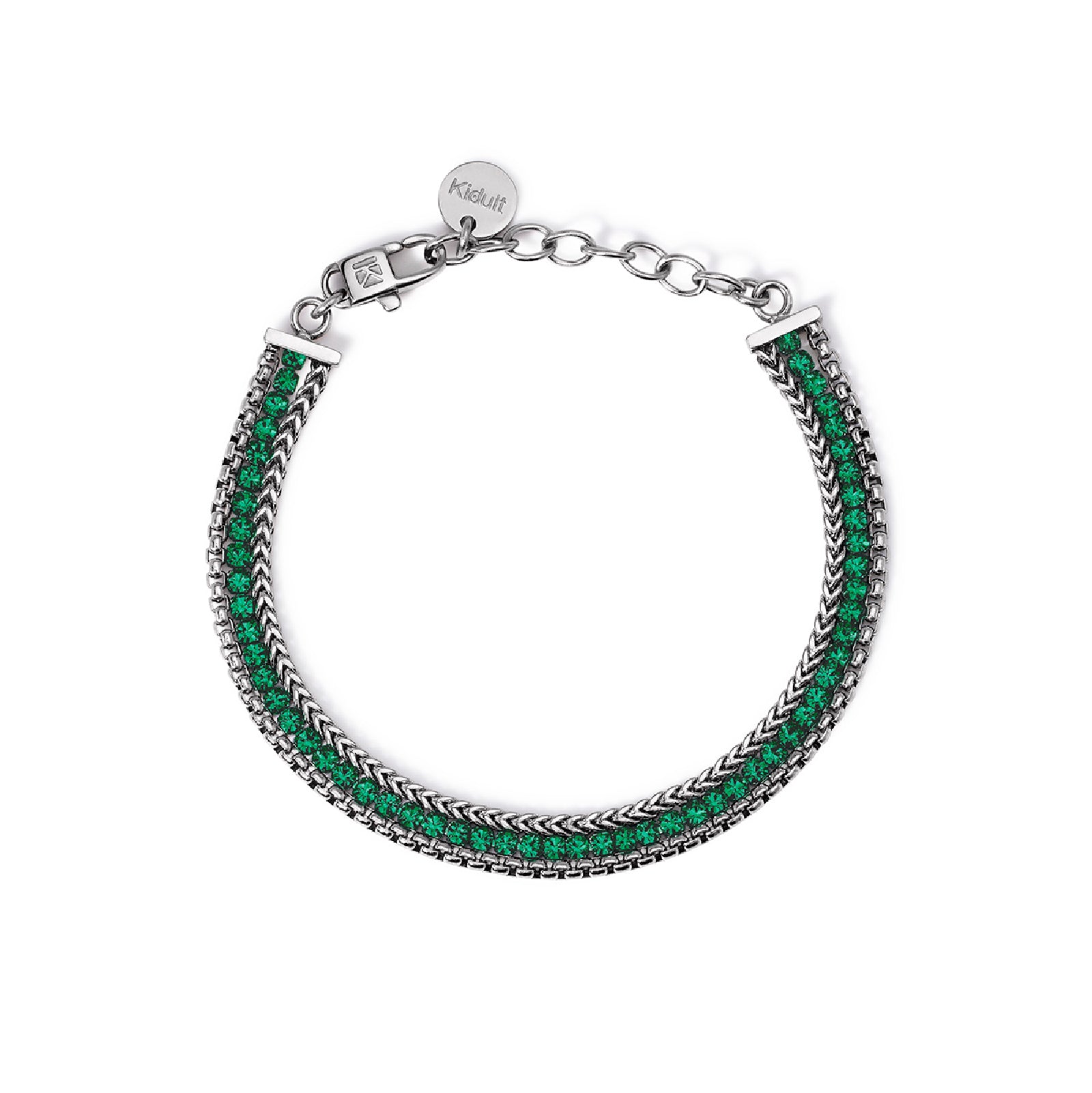 Bracciale due catene Kidult Style in acciaio e cristalli verdi Regolabile 15,5-18,5 cm