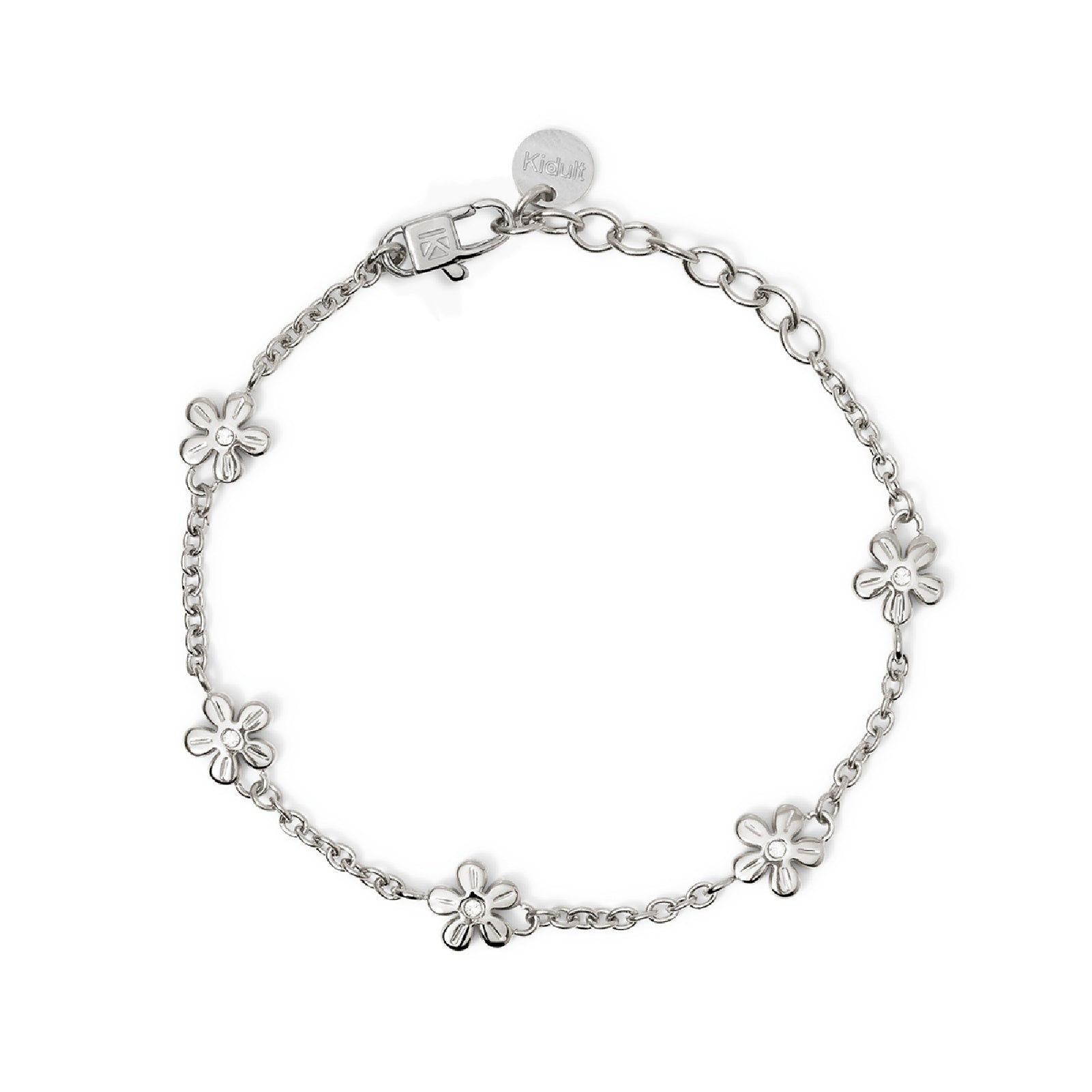 Bracciale catena fiori e cristalli Kidult Style in acciaio Regolabile 16-19 cm