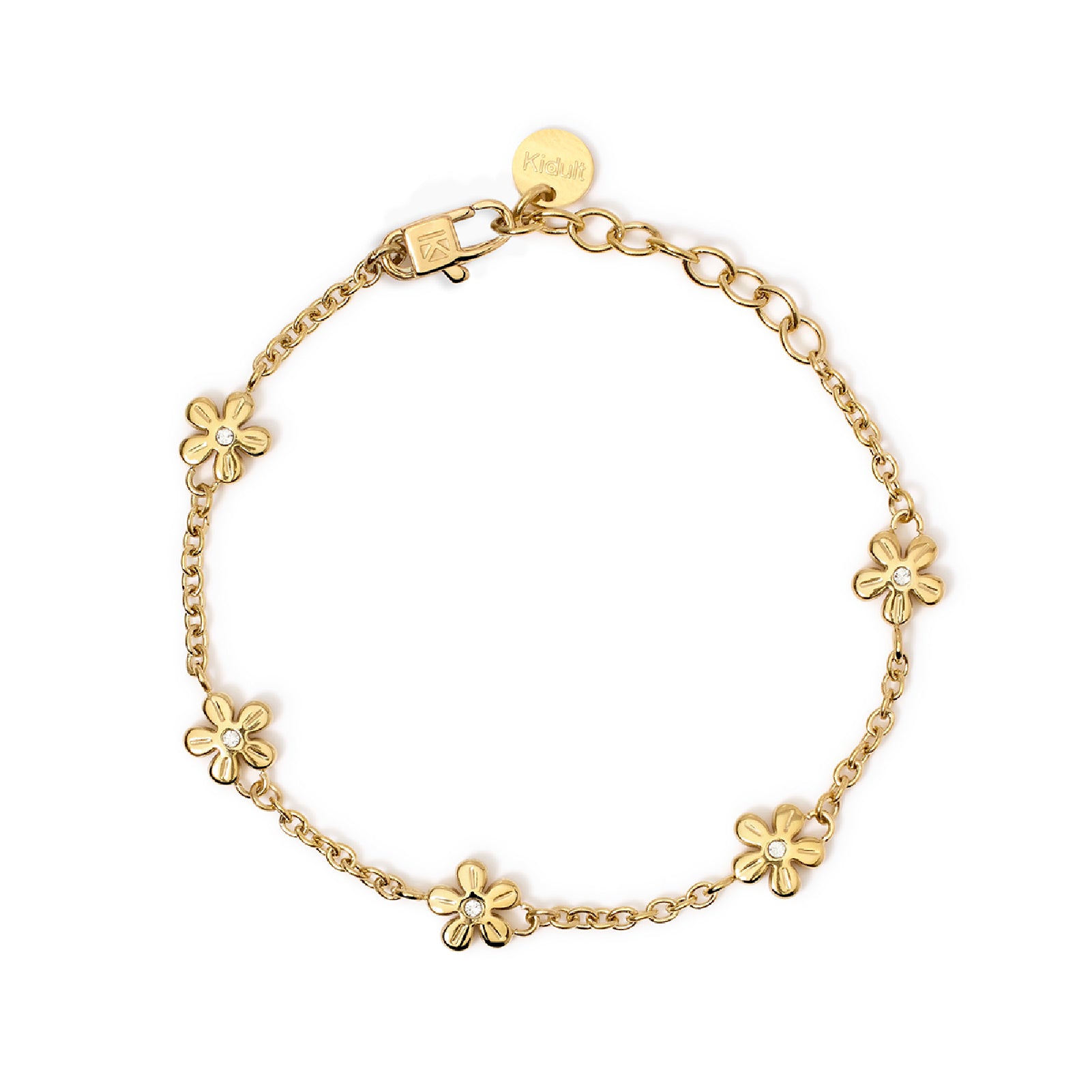 Bracciale catena fiori e cristalli Kidult Style pvd gold Regolabile 16-19 cm