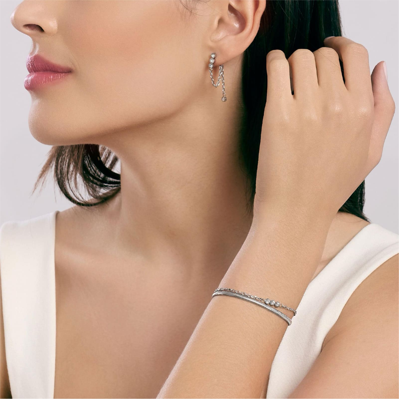 Bracciale catena multifilo Kidult Style acciaio con cristalli Regolabile 16-19 cm