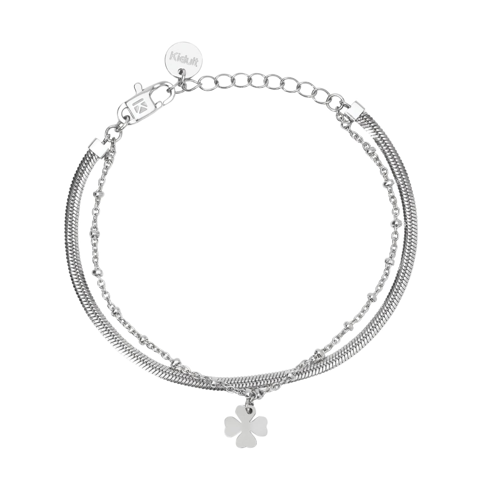 Bracciale multifilo Kidult Style in acciaio con quadrifoglio Regolabile 16-19 cm