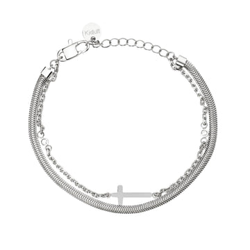 Bracciale multifilo Kidult Style in acciaio croce e cristalli Regolabile 16-19 cm