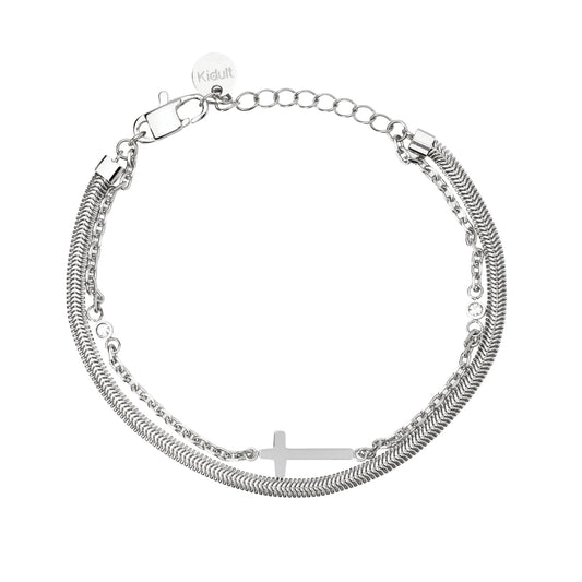 Bracciale multifilo Kidult Style in acciaio croce e cristalli Regolabile 16-19 cm