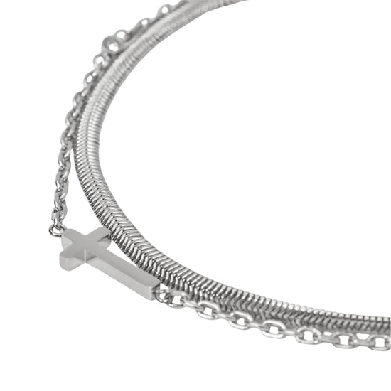 Bracciale multifilo Kidult Style in acciaio croce e cristalli Regolabile 16-19 cm