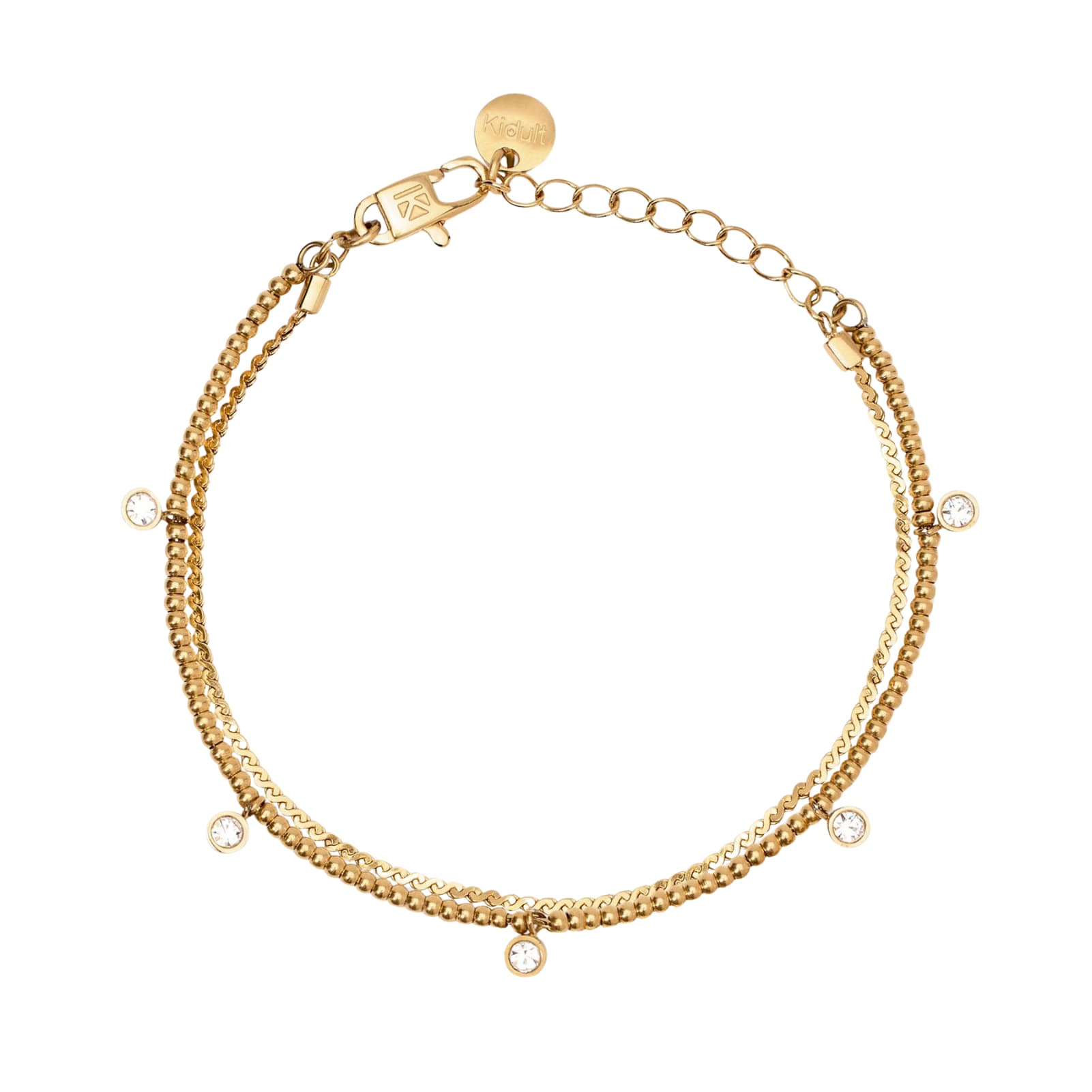 Bracciale multifilo Kidult Style acciaio dorato con cristalli Regolabile 16-19 cm