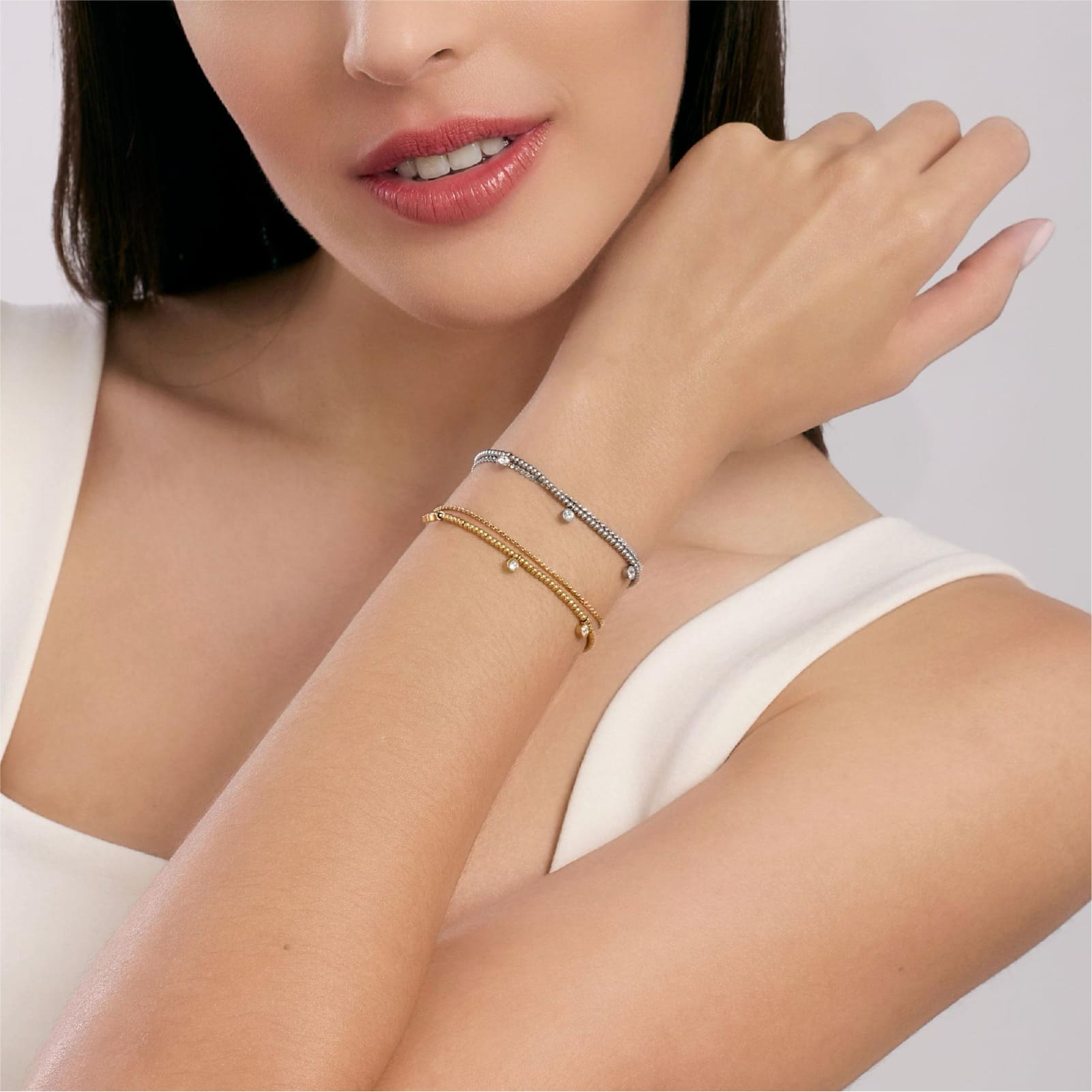 Bracciale multifilo Kidult Style acciaio e cristalli pendenti Regolabile 16-19 cm