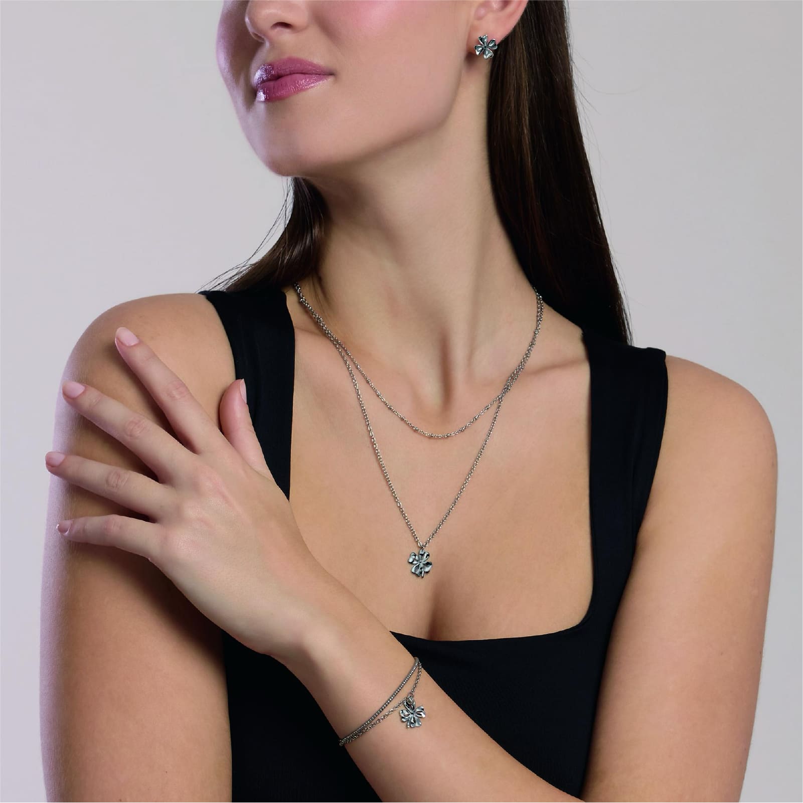 Bracciale catena Kidult Style in acciaio con quadrifoglio 19 cm